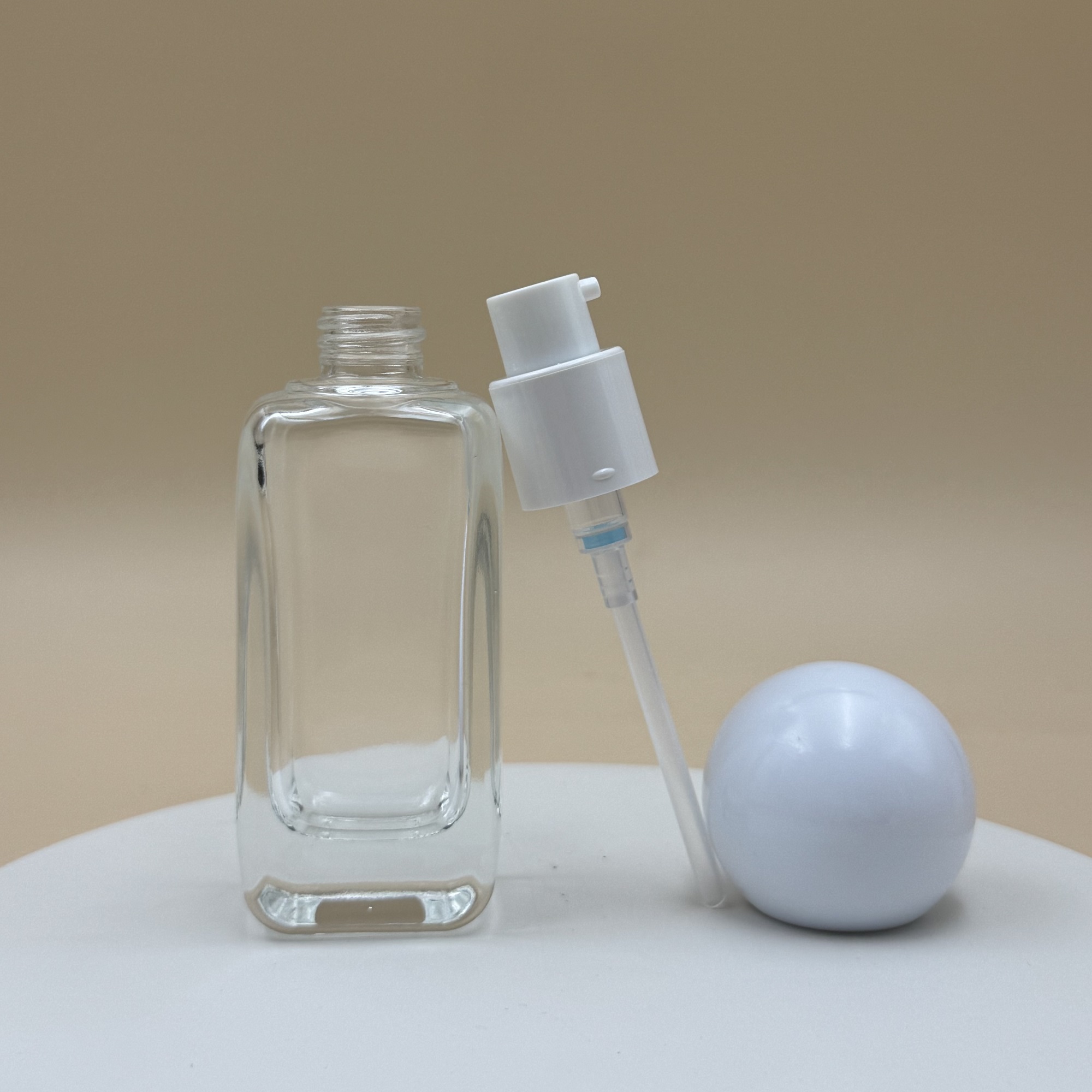 Square 30ml Glass Lotion Pump Bottle Ball Cap