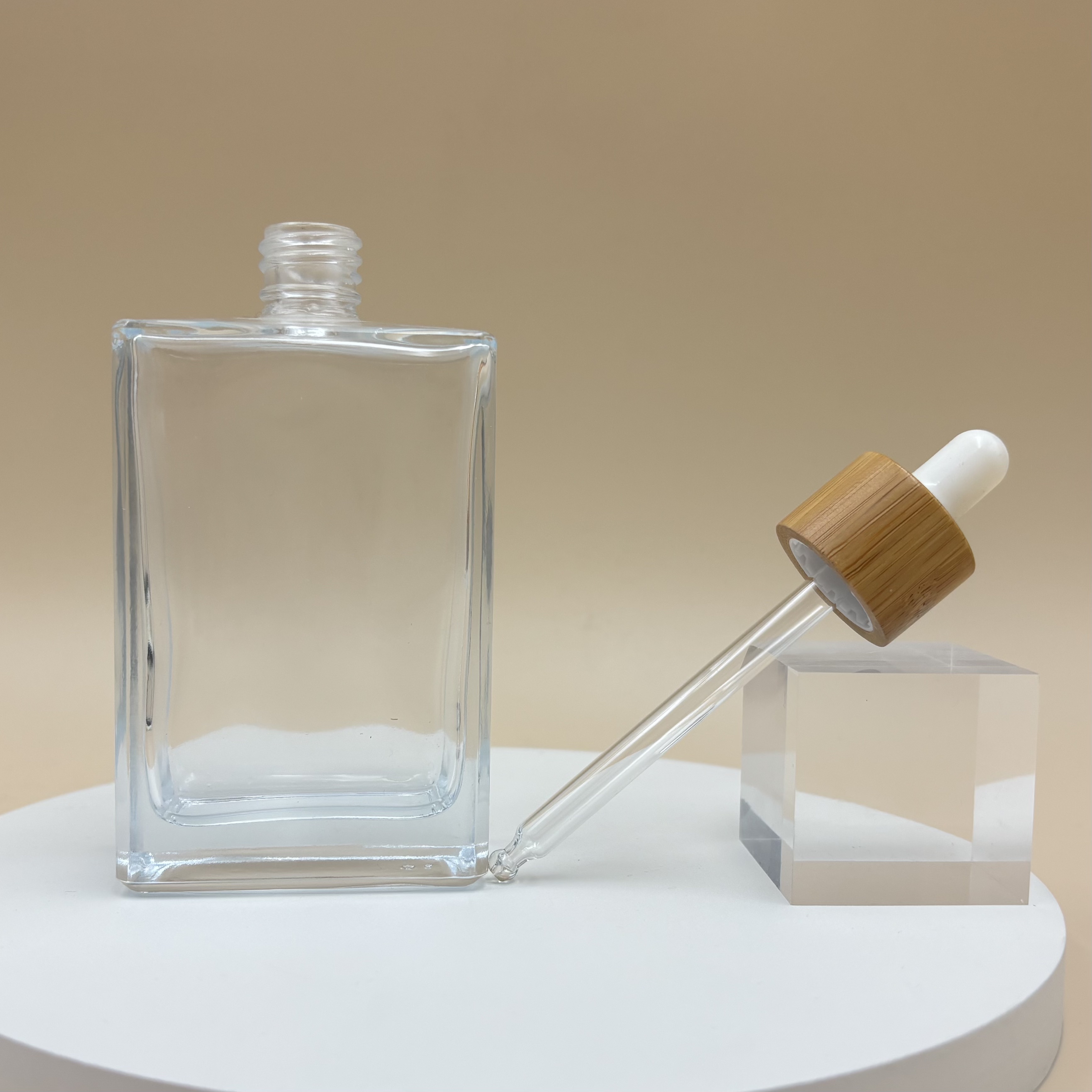 100ml Clear Glass Square Bamboo Dropper Bottle